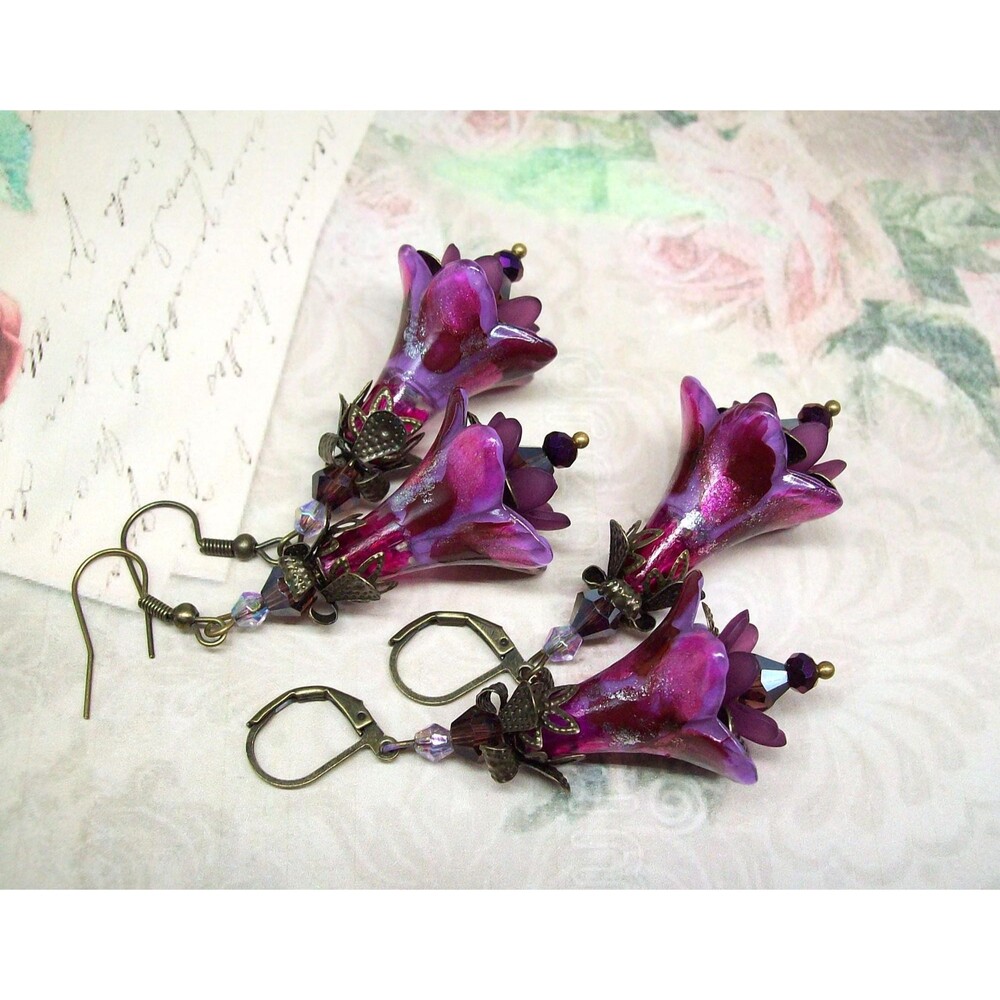 Vintage Style Art Nouveau Earrings, Antique Bronze, Hand Painted, Artisan Crafte